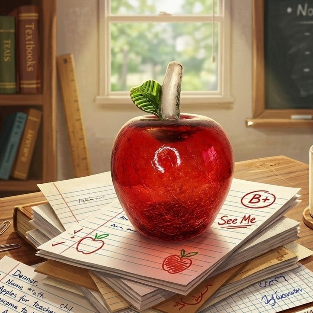 Crackle Glass art red apple hand blown fruit decor paperweight Teacher 's Gift
